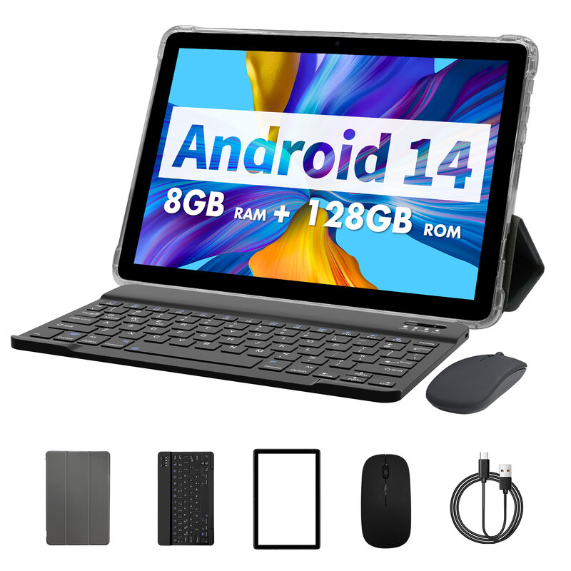 PRITOM-Tablet TAB11 Android 14 DE 10 pulgadas, 8GB(4 + 4 expandible), RAM + 128GB ROM, ocho núcleos, WiFi 5G, con teclado, ratón, funda