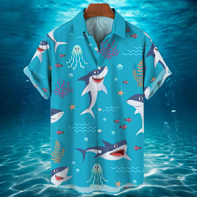 Camisa grande solta masculina, tubarão engraçado, tops estampados 3D, roupas casuais, camiseta de verão