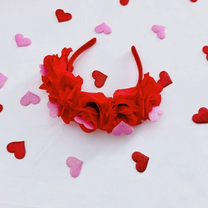 50JB Heart Flower Hair Hoop for Sweet Girls Valentines Taking Photo Headband