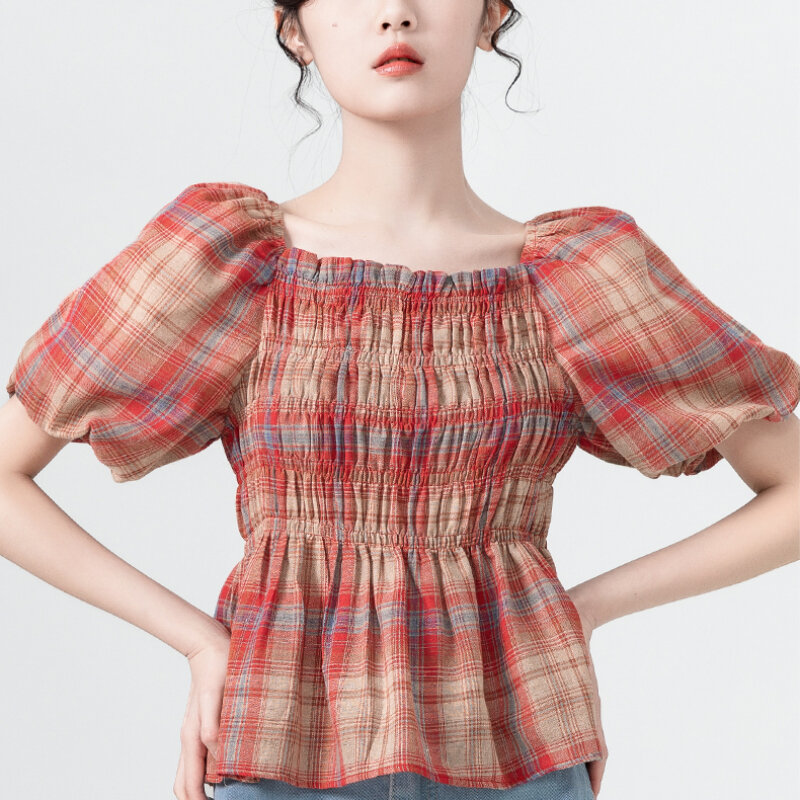 เสื้อเบลาส์ลายสก็อตสำหรับผู้หญิงน่ารักวัยรุ่นฮาราจูกุแขนพองสไตล์เกาหลีลูกไม้ย้อนยุคฤดูร้อน
