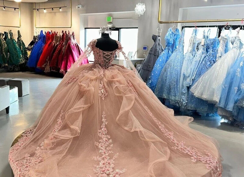 Pink Quinceanera Dresses Ball Gown Sweetheart Tulle Appliques Sparkly Sweet 16 Dresses 15 Años Mexican