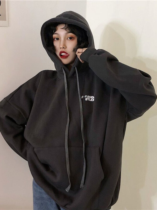 Deeptown Korean Fashion Oversized Hoodies Women Harajuku Hip Hop Solid Loose Sweatshirts Autumn Winter Fleece Tops Gothic Grunge