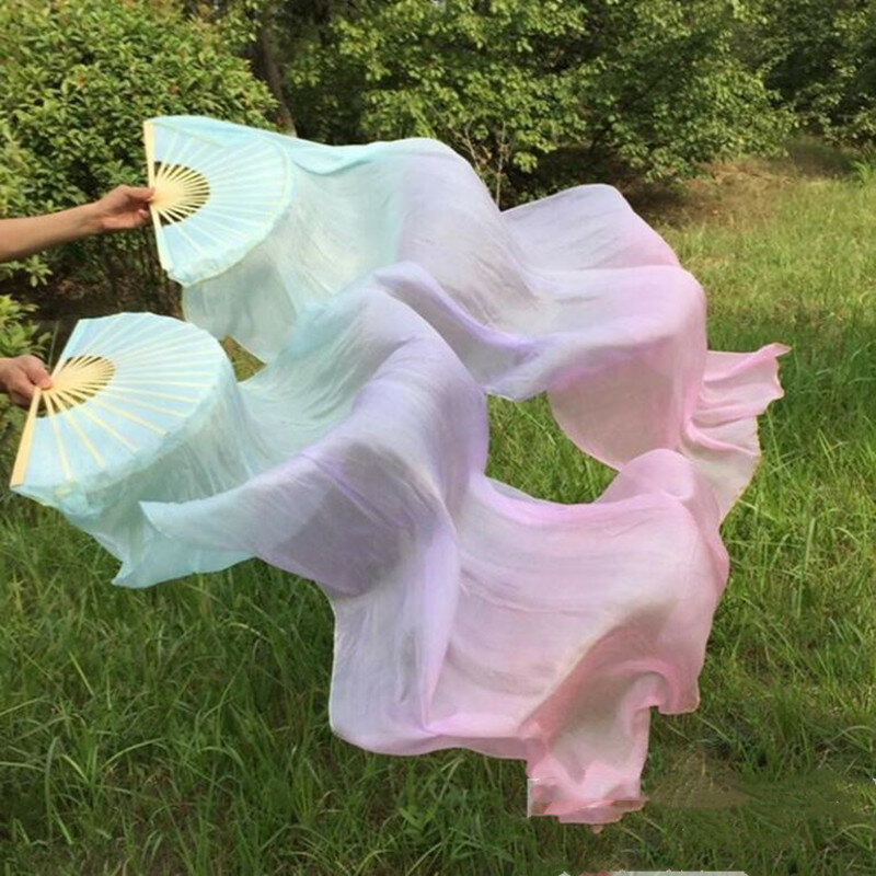 Disesuaikan 1 Pasang (Kiri + Kanan) 100% Real Silk Belly Dance Fan Tudung 1.8 M Bambu Fan untuk Anak Wanita Baru Dijual