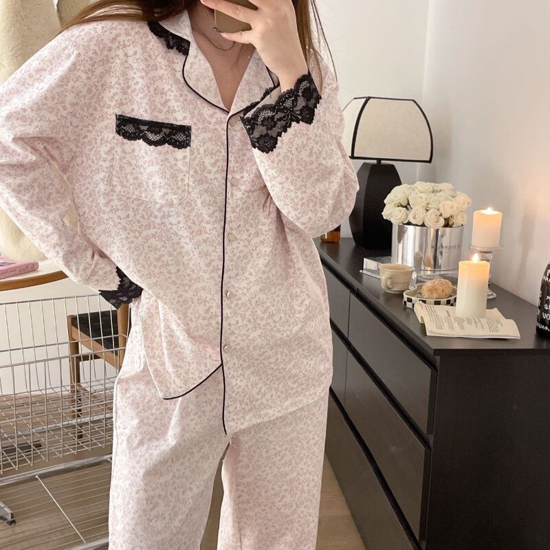 WPTCXH-Pijama de encaje de manga larga para mujer, conjunto de ropa de dormir holgada de dos piezas, pantalones largos, talla grande, primavera y otoño