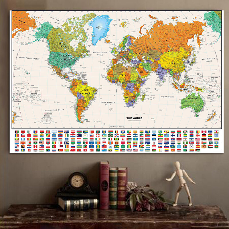 120*80cm Vinly Map of The World with Country Flags World Globe Map Personalized Atlas Poster School Supplies Home Decoration