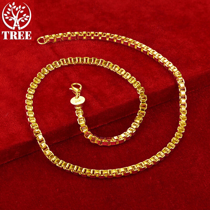 ALITREE 24K Yellow Gold Necklaces For Woman 4mm Square Grid Chain Lady Party Wedding Fashion Jewelry Birthday Christmas Gifts