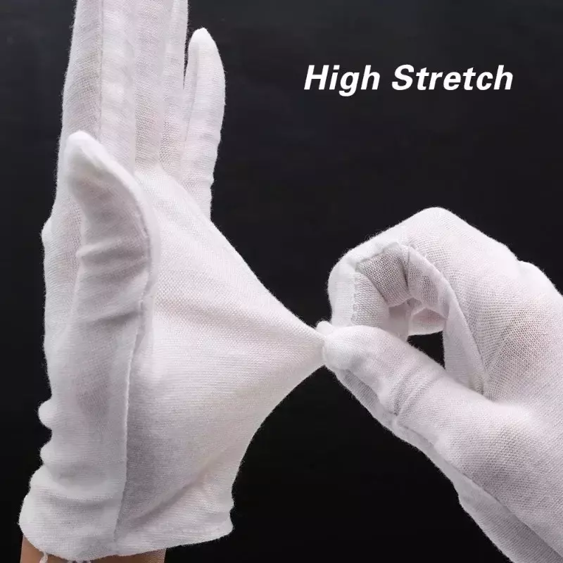 1-50 par białych bawełniane rękawice robocze do obsługi suchych rąk z folią rękawice SPA ceremonialne rękawice wysoka rozciągliwość urządzenia do oczyszczania gospodarstwa domowego
