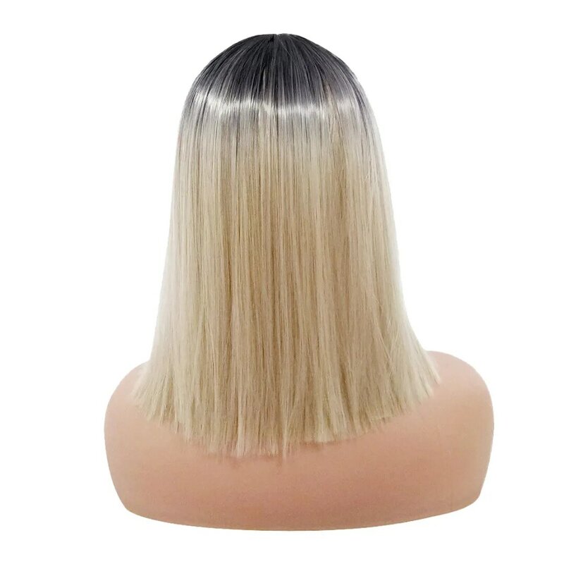 Wig pesta rambut sintetis lurus pirang Ombre Bob pendek 30cm untuk wanita