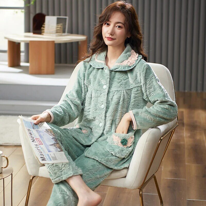 M-4XL 겨울 여성 잠옷 세트 따뜻한 긴 소매 따뜻한 플란넬 잠옷 우아한 솔리드 홈 의류