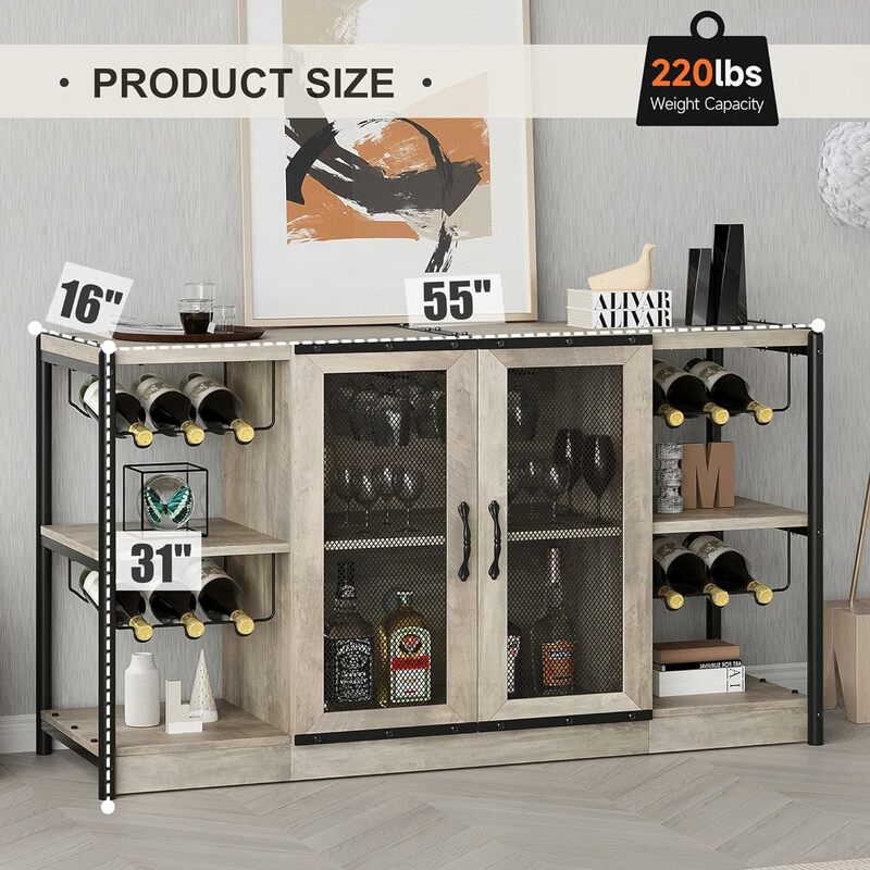 Rustykalna przemysłowa szafka Bar winny z drzwi z siatką pojemne półką na alkohol łatwy montaż w kolorze szarym 55 "x 16" x 31