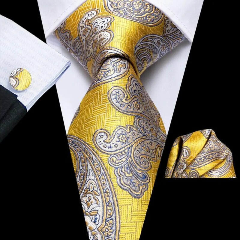 Yellow Silver Paisley Silk Wedding Tie For Men Handky Cufflink Gift Men Necktie Fashion Design Business Party Dropshiping Hi-Tie
