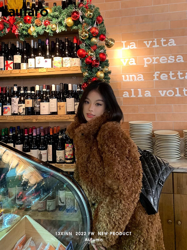 Lautaro Winter Long Loose Casual Soft Thick Warm Fluffy Black Faux Fur Coat Women Stand Collar Hairy Furry Fuzzy Overcoat 2023