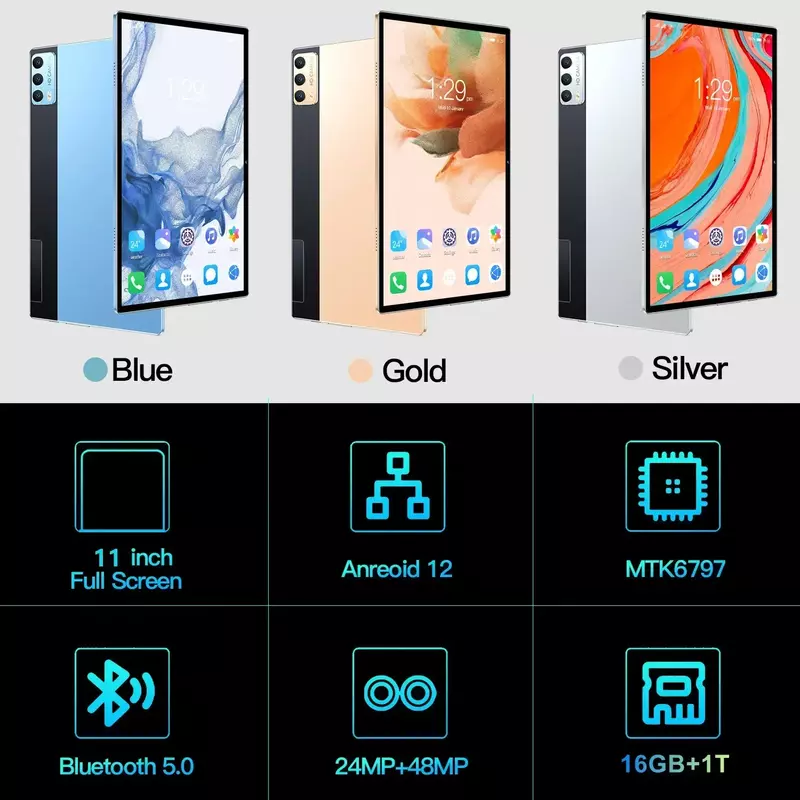 2024 태블릿 블루투스 와이파이 태블릿, 안드로이드 12, 11 인치, 16GB RAM, 1TB ROM, 24MP + 48MP, 8000mAh, 10 코어 듀얼 5G LTE 전화 통화, 신제품