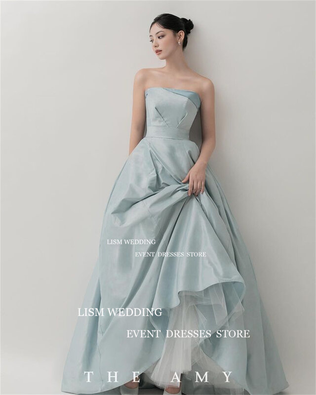 LISM Lake Blue Satin Evening Dresses Photos Shoot Sleeveless Prom Formal Party Gown Floor Custom Made Backless Reception Dress