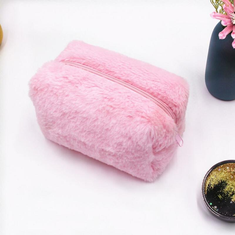 Plush Square Cosmetic Bag Candy Color Portable Grande Capacidade Zipper Toiletry Bag Stationery Storage Bag para Travel Ins Style