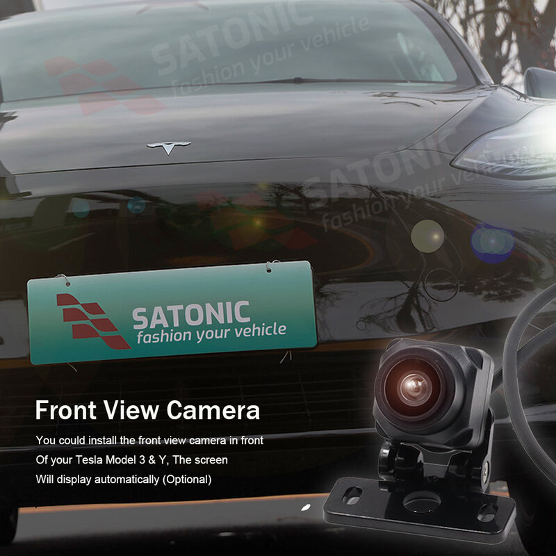 SATONIC 무선 카플레이 대시보드 스크린, 테슬라 모델 3 및 Y 지지대 용, 8.8 인치 무선 카플레이 핸들 커버 타입, 무료 카메라