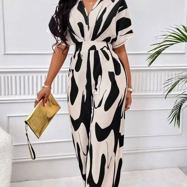 Wide Leg Jumpsuit Women 2023 Autumn and Winter Fashion Short Sleeved High Waist V-neck Full Body Printed Bat Sleeve Jump Suits