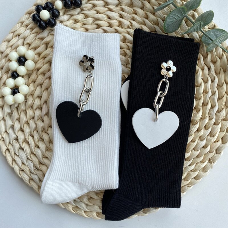 2 Pairs Women Gothic Punk Cotton Socks Harajuku Love Heart Pendant Chain Japanese Tube Stockings