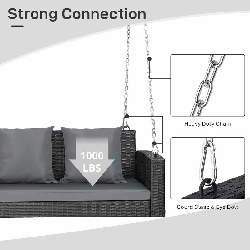 Porch Swing, Hanging Outdoor Porch Swings for Adults, Wicker Patio Swing, with Cushion, Pillow and Chain for Garden