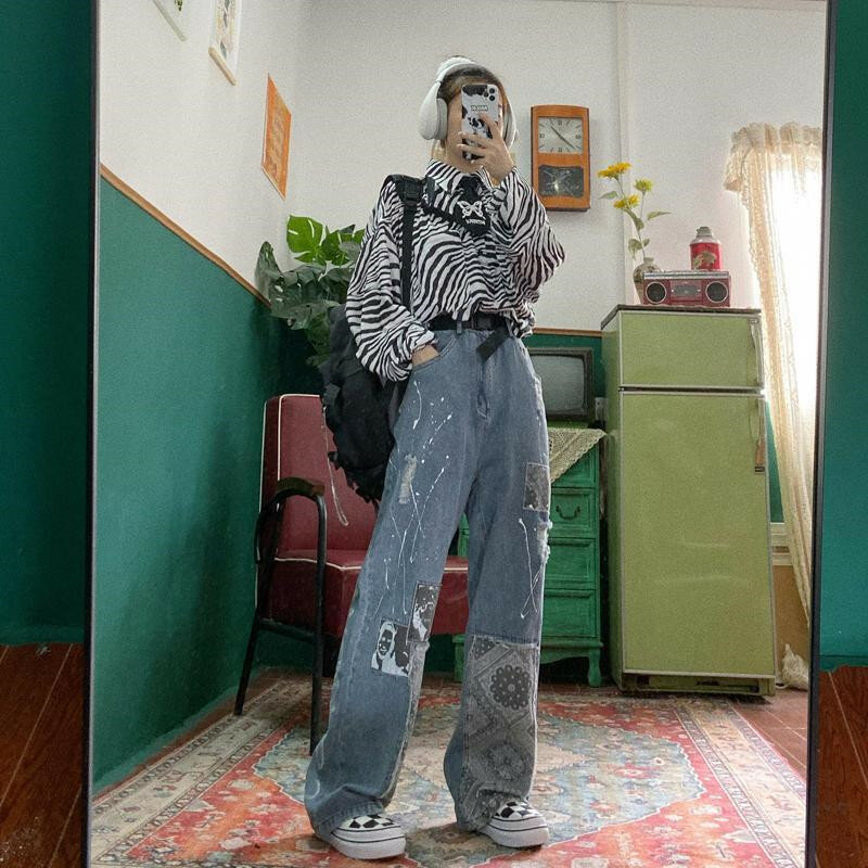 Harajuku Jeans larghi lettera stampa vita alta Casual pantaloni larghi in Denim 2024 donna estate moda Vintage pantaloni gotici divertenti