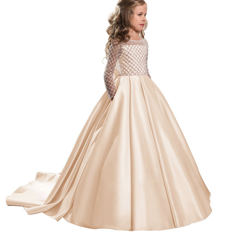 Glitter Satin Princess Flower Girl Dresses Kids Long Sleeve First Communion Birthday Prom Wedding Party Ball Gown