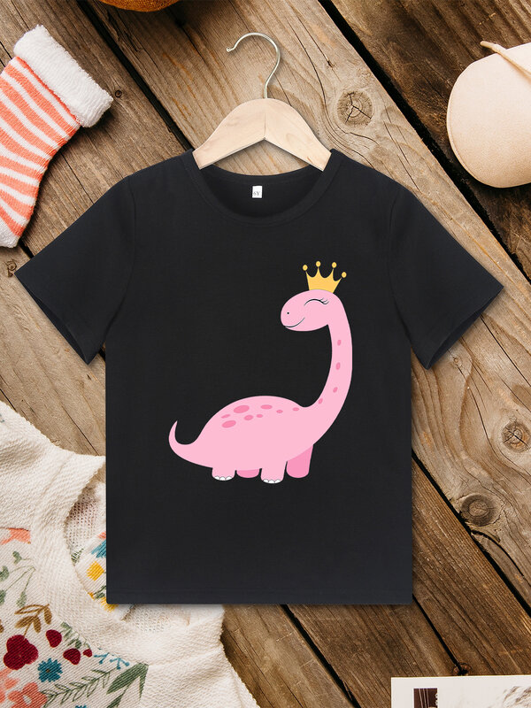 Cute Pink Dinosaur Print KIds T Shirt Summer Hot Sale Fashion 2-7 Years Girls Clothes Outdoor Casual Breathable Basic Tops Tee
