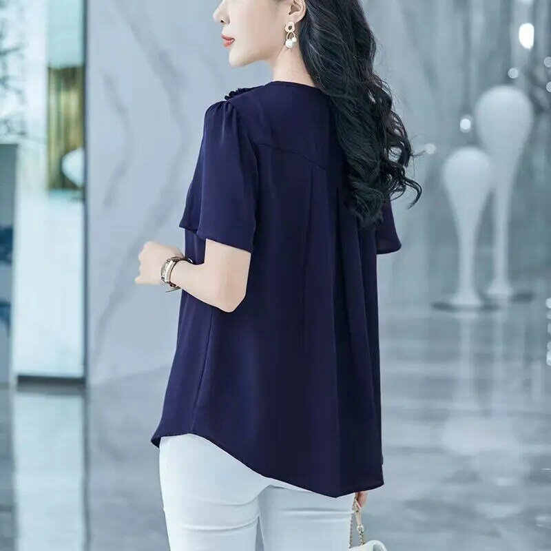 Kaus Kancing Elegan Ruffle Musim Panas Wanita Blus Longgar Solid Lengan Pendek Leher Bulat Fashion Korea Atasan Wanita Tidak Beraturan Kasual