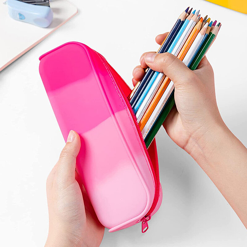 Caixa de caneta retangular Silicone, cor gradiente, grande capacidade, lápis de escritório saco para estudantes, aprendendo papelaria armazenamento suprimentos