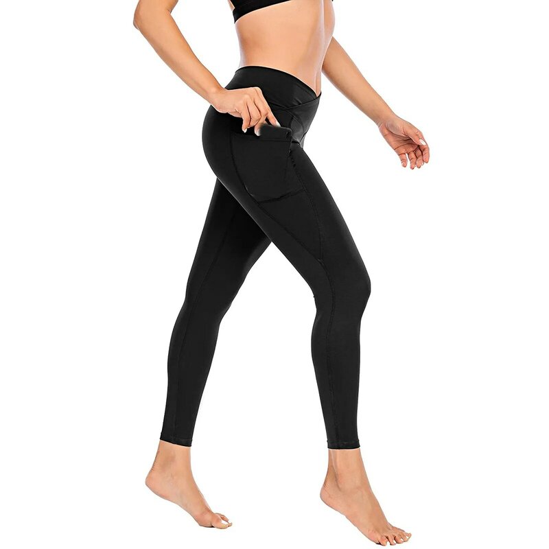 Calça de ioga monocromática com bolso para mulheres, levantamento de quadril, cintura alta, leggings elásticas apertadas, calça atlética simplicidade