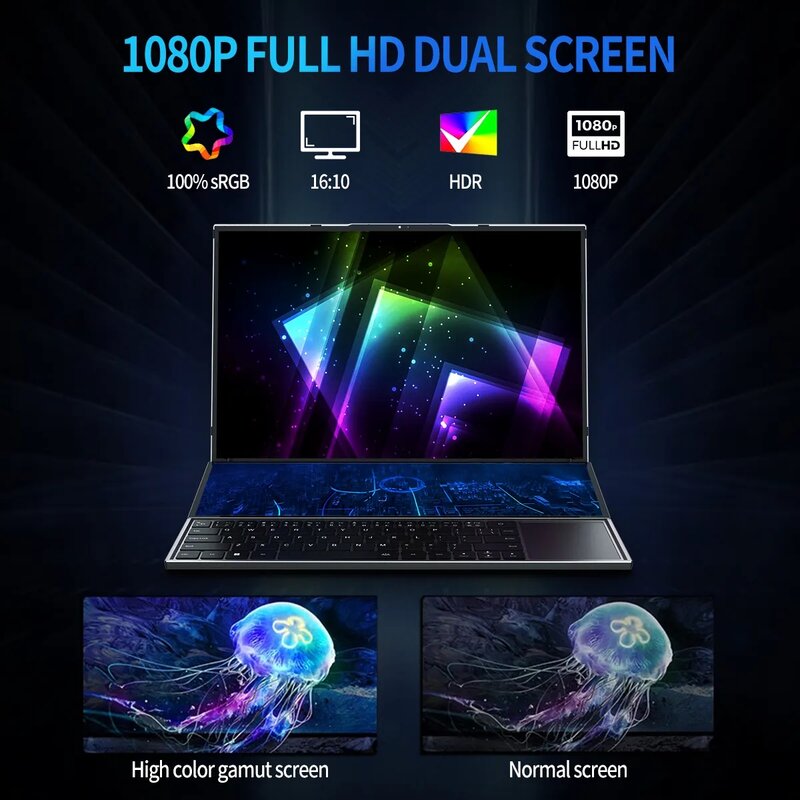 Ультратонкий игровой ноутбук Topton 2023 года, Full HD, двойной экран 16 дюймов IPS + 14 дюймов, сенсорный Intel I7-10750H Type-C HDMI, для бизнеса, дома