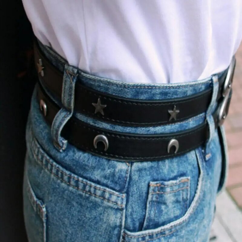 Cintura de couro de imitação ajustável para mulheres, cinto estilo punk, design lua e estrela, fantasia multi-buracos