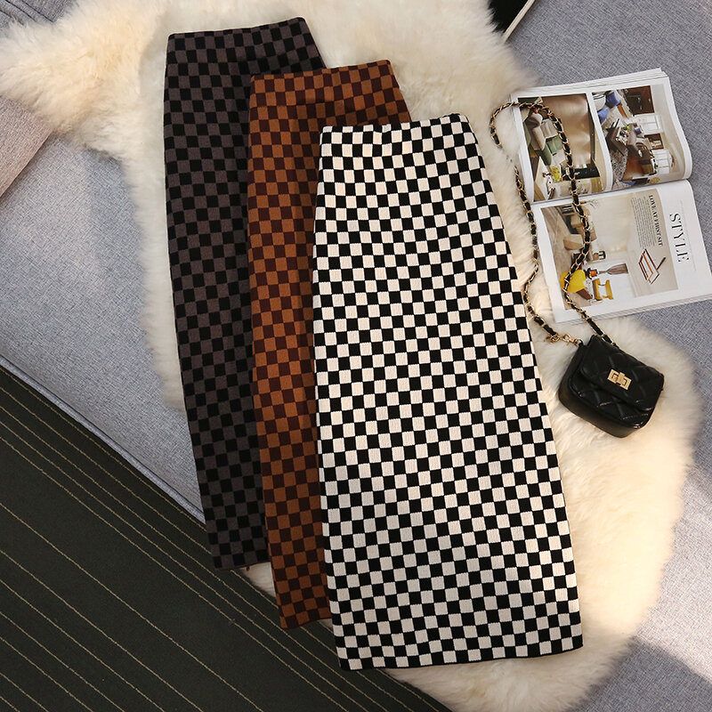 Wisher & Tong-Falda Midi Vintage de punto para mujer, falda a cuadros de cintura alta coreana, otoño e invierno, 2021