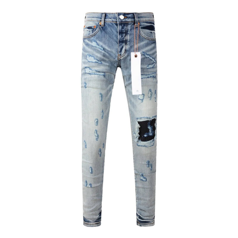 Jeans in denim di marca ROCA viola di alta qualità 1:1 High street blue hole patch riparazione di colore chiaro pantaloni in denim attillati rialzati bassi
