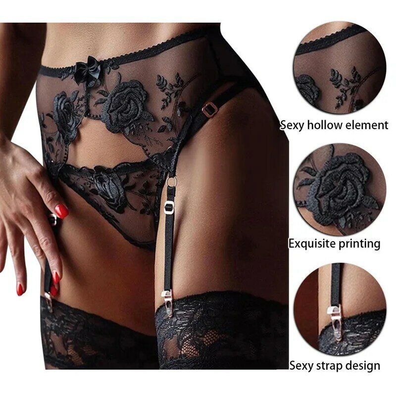 Plus Size Women's Sexy Lace Lingerie Garter Suspenders Transparent Underwear Adjustable Double Breasted Waist Belt for Stockings