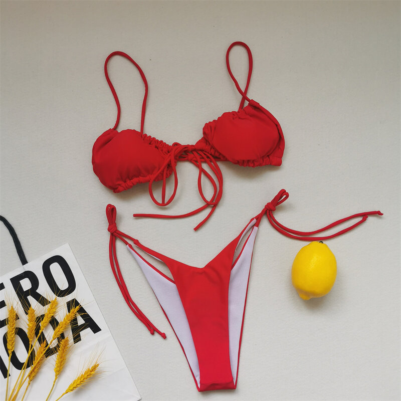 Maillot de bain rouge pour femmes, ensemble deux pièces, string, bikini, culotte tanga, plissé, dos nu, vêtements de plage, rétro, tenue de vacances
