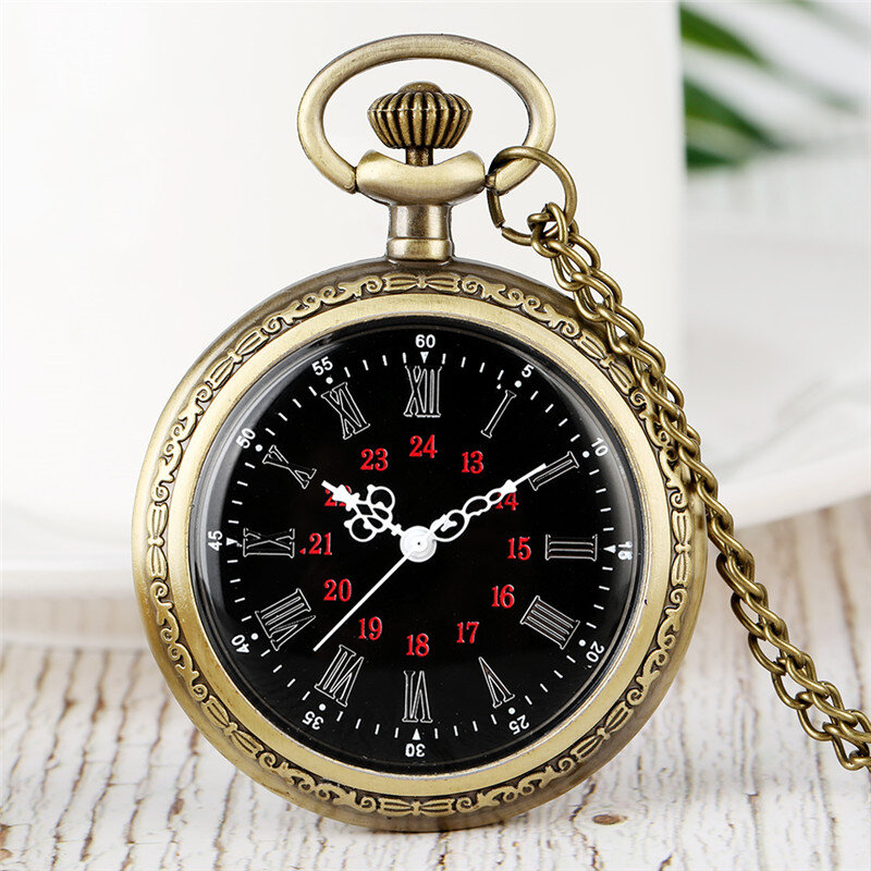 Antique Style Clock Open Face Timepiece Men Women Bronze Pocket Watch with Roman Numeral Dial Necklace Pendant Alloy Chain
