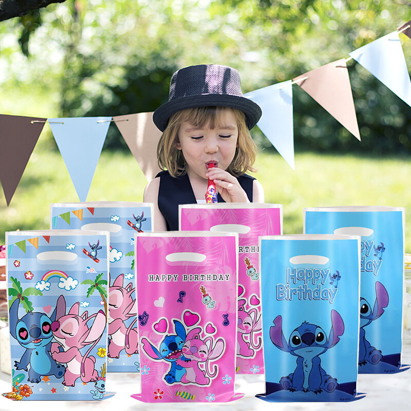 Bolsas de dulces con temática de dibujos animados para niños y niñas, bolsa de botín con dibujos de Ángel, Stitch, feliz cumpleaños, regalos sorpresa, 10 unidades por lote