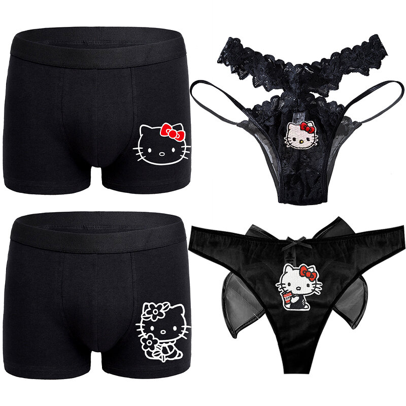Anime Couple Underwear Hello Kitty Kawaii Lace Sexy Women Thong Transparent Mesh Seamless Women Metal Ring Accessories for Girls