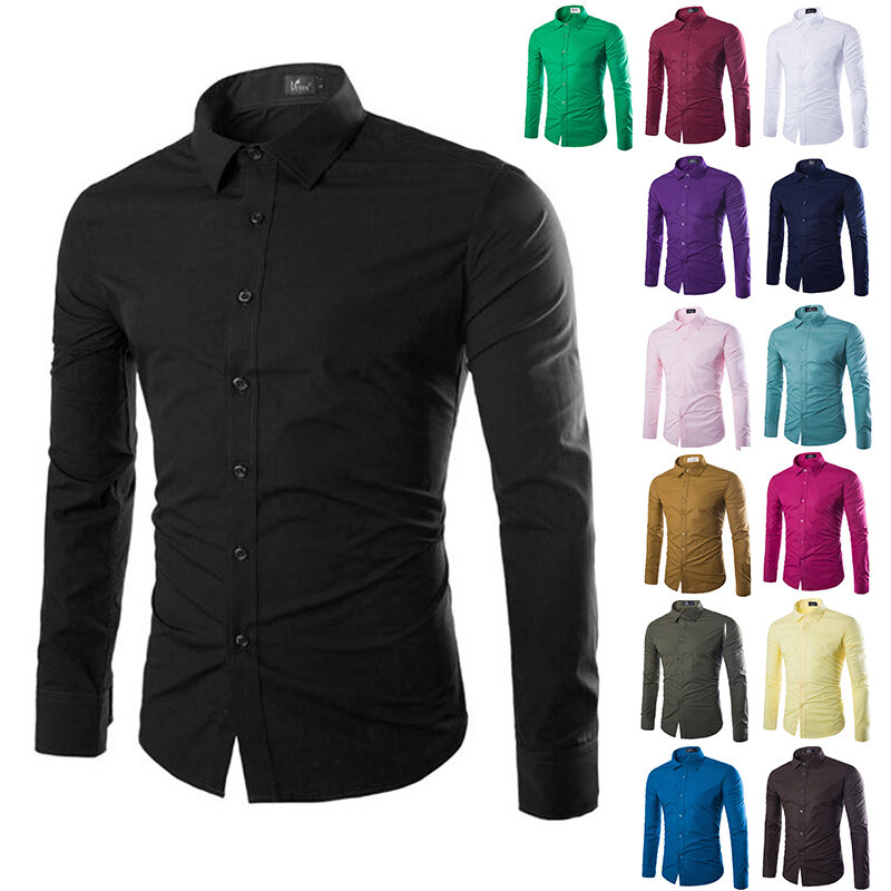 Camisa casual de manga longa masculina, monocromática, cor doce na moda, 14 cores