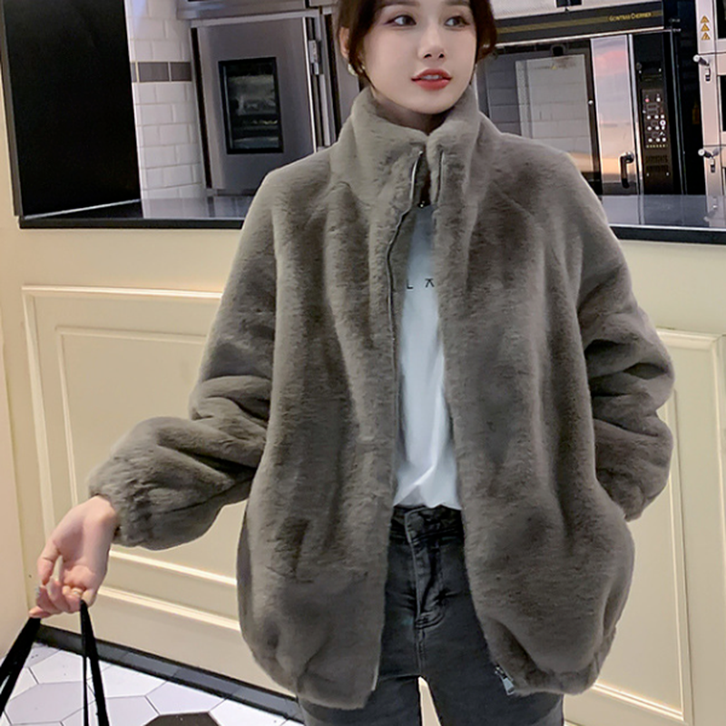 Jaket bulu imitasi wanita, Korea musim gugur dan musim dingin Fashion elegan kerah berlubang saku longgar hangat