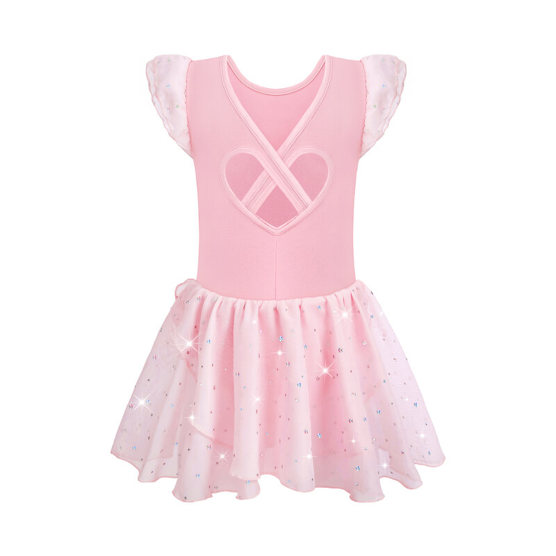 Балетные трико для девушек для танцев, блестящая юбка с коротким рукавом и перекрестной спиной
