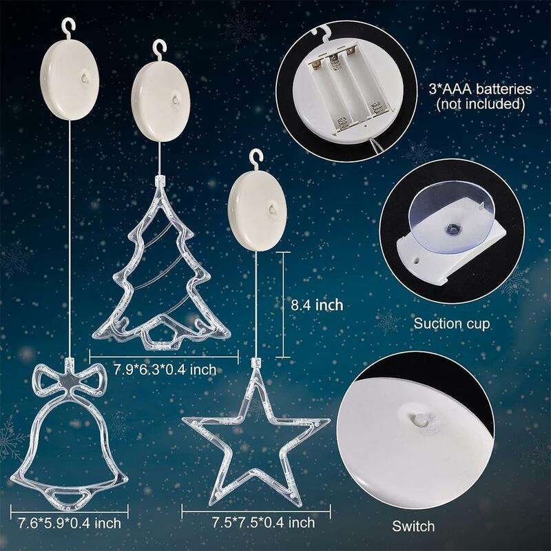 3 szt. Lampki bożonarodzeniowe okienne Led z przyssawkami 3600 (K) zasilany z baterii w kształcie gwiazdy dzwonka LED