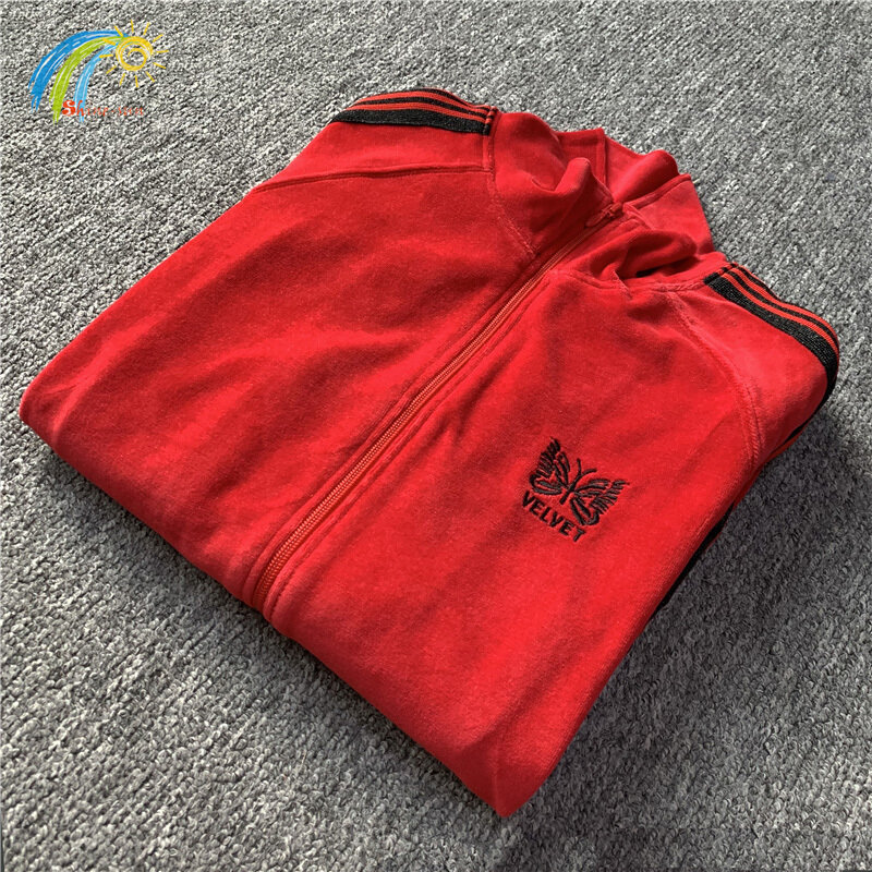 Куртка бархатная для мужчин и женщин, красная Повседневная куртка с вышивкой бабочкой и иглами, верхняя одежда для тренировок с бирками, 2024