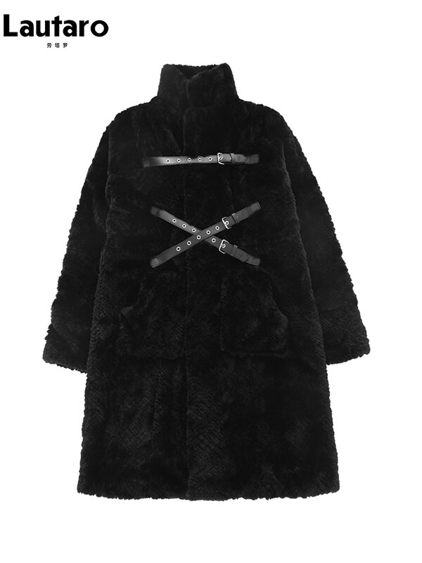 Lautaro 여성용 스탠드 칼라 펑크 스타일 푹신한 재킷, 시원한 롱 루즈 캐주얼 코트, 부드럽고 두껍고 따뜻한 블랙, 푹신한 인조 모피 코트, 2023
