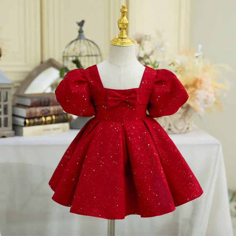 Vestido formal de princesa infantil, Vestidos de primeira cerimônia de aniversário para bebês, Trajes formais de festa noturna, roupas vermelhas fofas para crianças