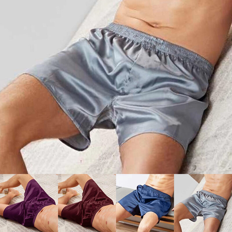 Pijama de satén de seda para hombre, pantalones cortos de dormir, color morado, rojo vino, gris plateado y azul