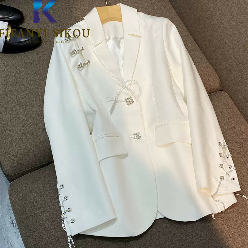 Blazer branco jaqueta feminina designer de moda corrente decorar único breasted terno jaqueta outono solto chique blazers casaco feminino
