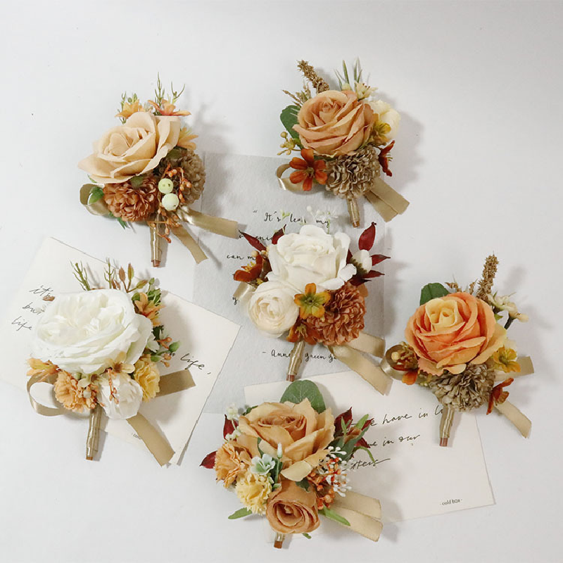 Boutonniere And Wrist Corsage Wedding Supplies Banquet Guests Simulated Flowers Groom Bride Orange Coffee 379