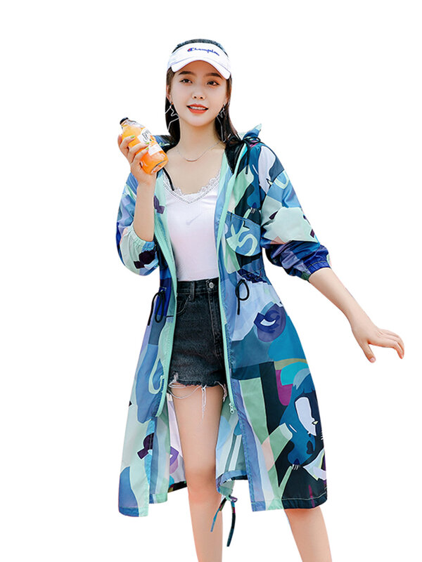 BZVW Decor Sunscreen Windbreaker For Women Hooded Long Sleeeves Lace-up Gathered Waist Mid Length Coats  2024 Summer New 25Z4133