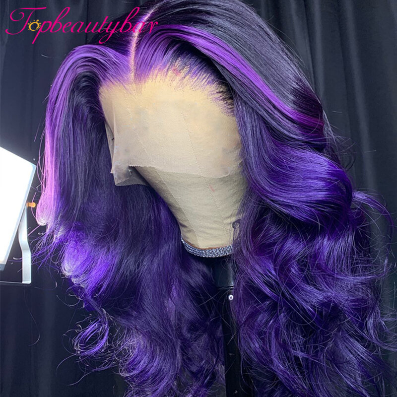 Peluca de cabello humano ondulado con encaje frontal, pelo Remy brasileño 180%, Color púrpura, 13x4, sin pegamento